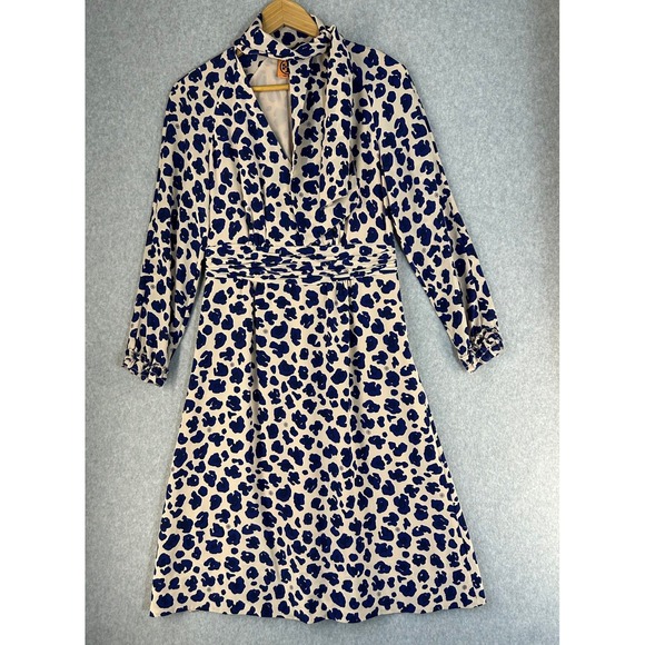 Tory Burch Silk Leopard Midi Dress Removable Tie Neck Scarf Blue Cream Size 2